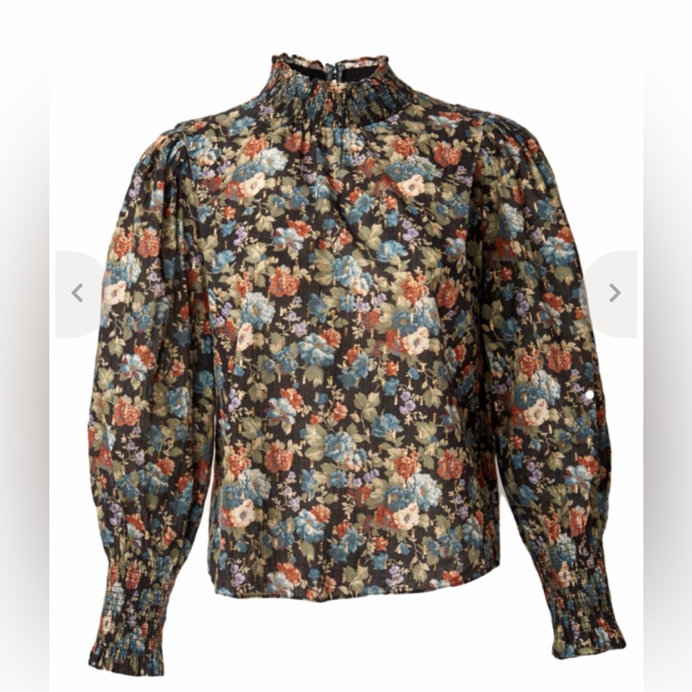 Rebecca Taylor La Vie (S) Ruffled Highneck Blouse. floral w/gold metallic accent
